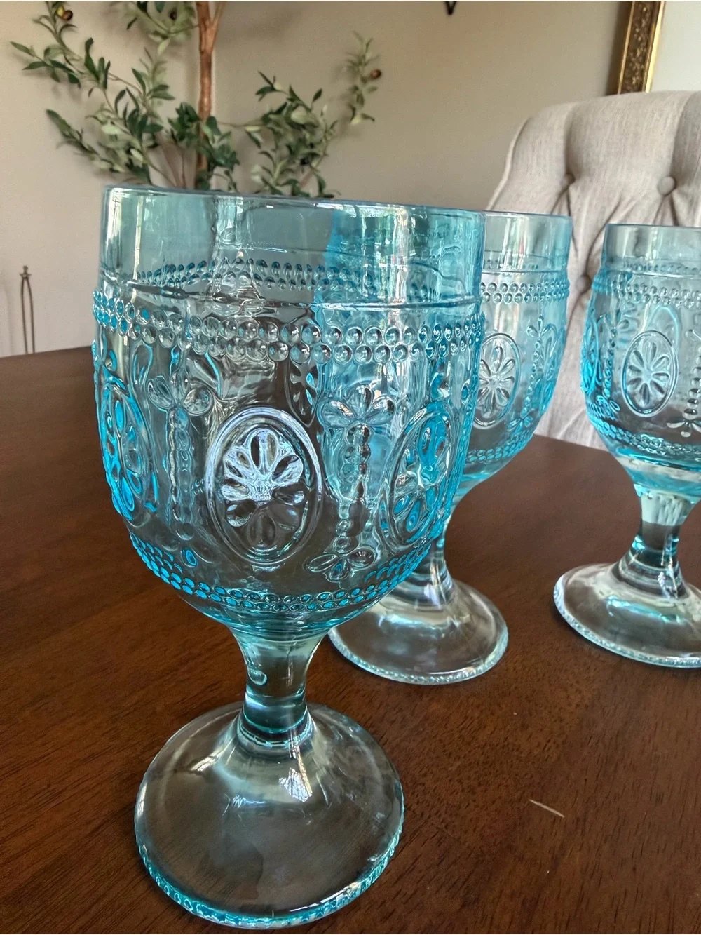 Turquoise Embossed Goblet Glasses - Set of 4